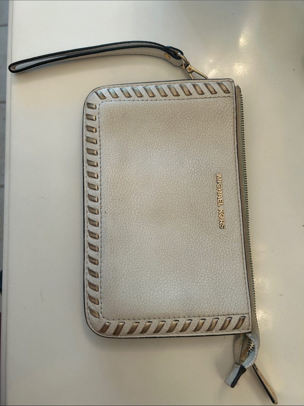 Michael Kors Ivory Leather Zip Wristlet with Gold Logo